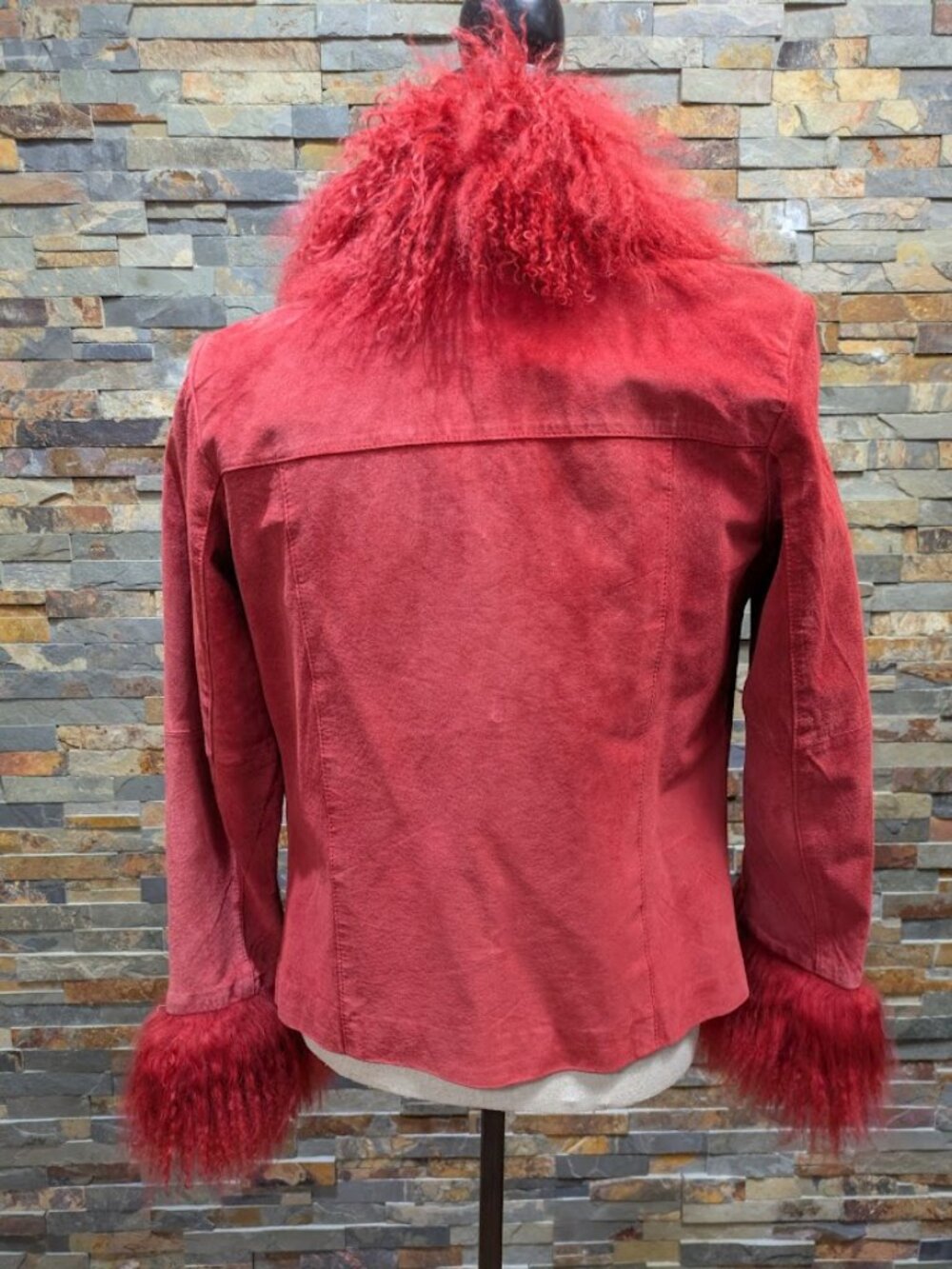 Real Red Mongolian Lamb Trimmed Suede Jacket sz Medium Afghan Penny Lane Coat - Picture 2 of 5
